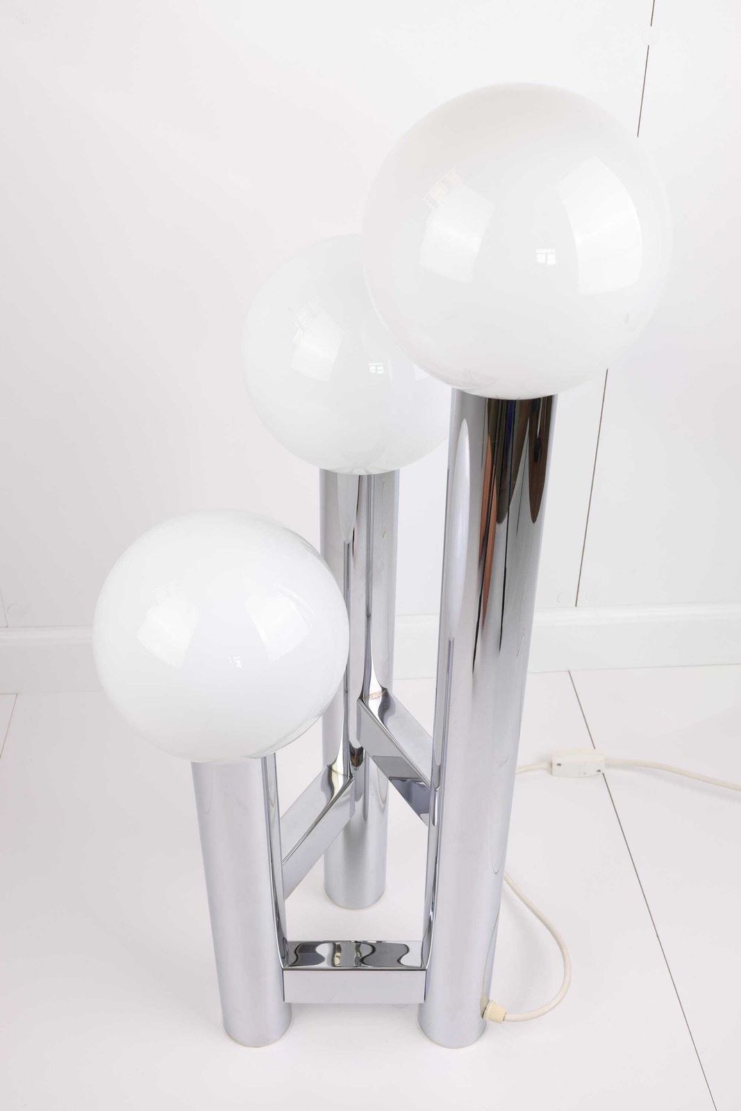 Unique Vintage German Mid Century Modern Table Lamp | 1970s Space Age Chrome Desk Lamp | Retro Globe Lamp With Three Opal Glass Spheres photo vintage