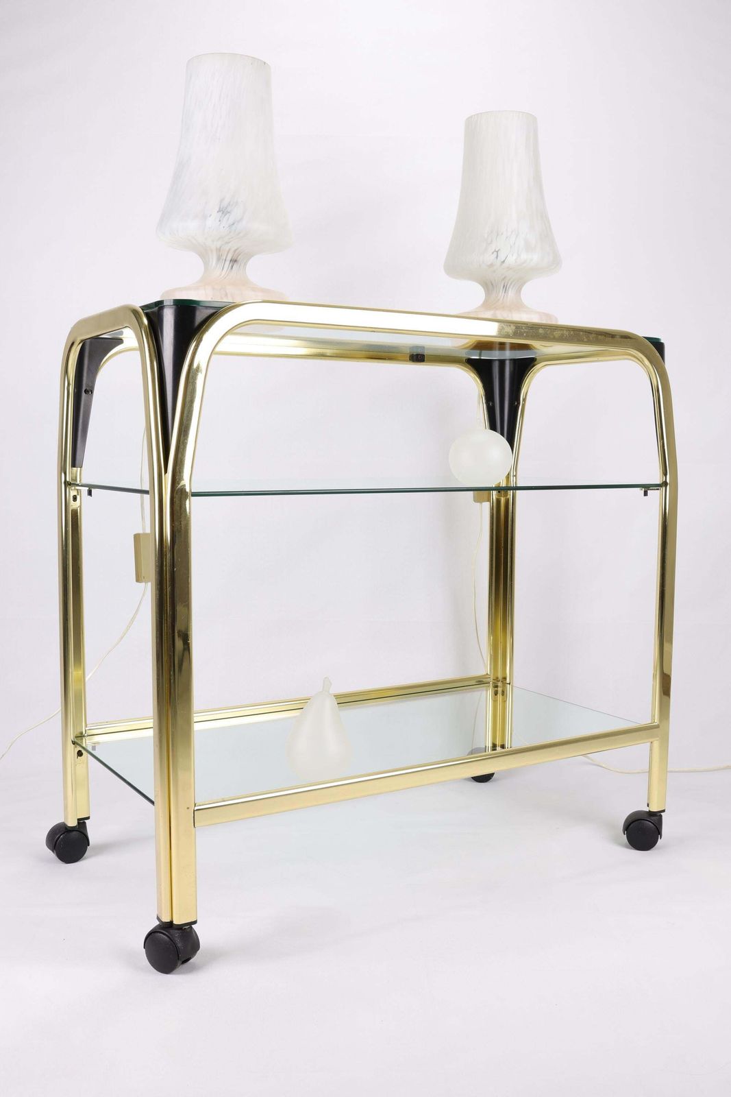 Vintage Brass And Glass Rolling Console Table | Mid Century Modern Table On Wheels | 3 Tier Retro Rolling Sofa Table For Living Room photo for sale
