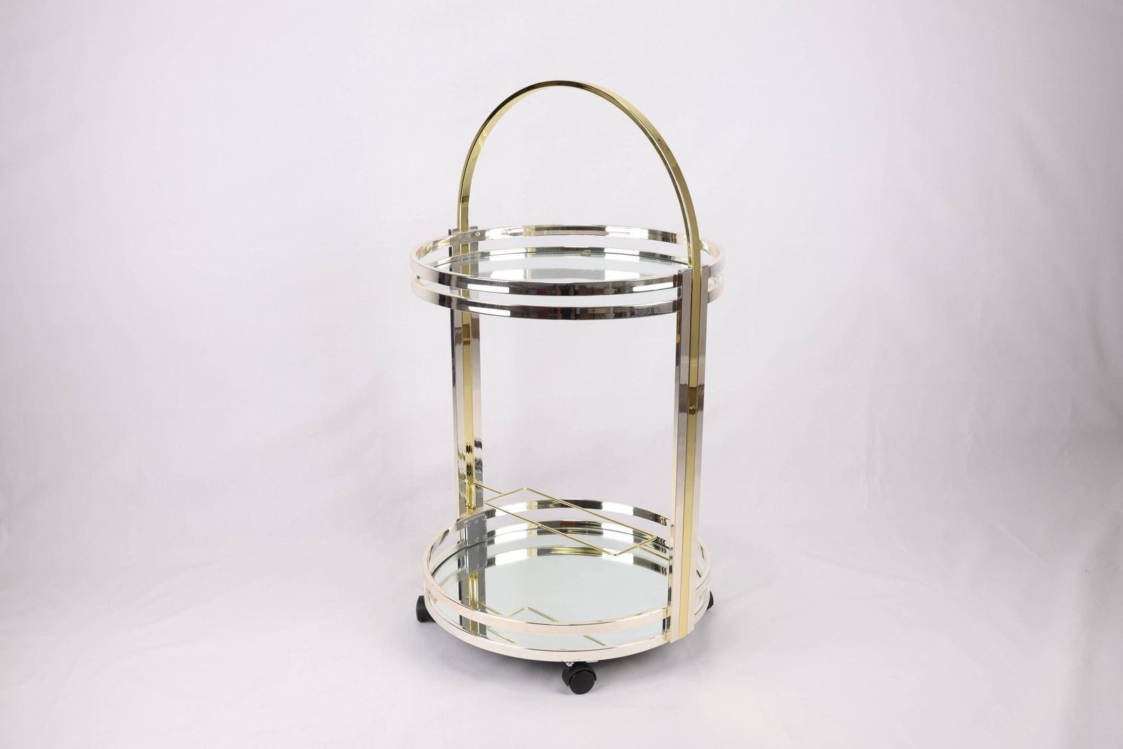 Vintage Mirrored Bar Cart | Art Deco Rolling Serving Cart | Brass And Glass Round Trolley | Mid Century Modern Beverage Cart With Wine Rack
