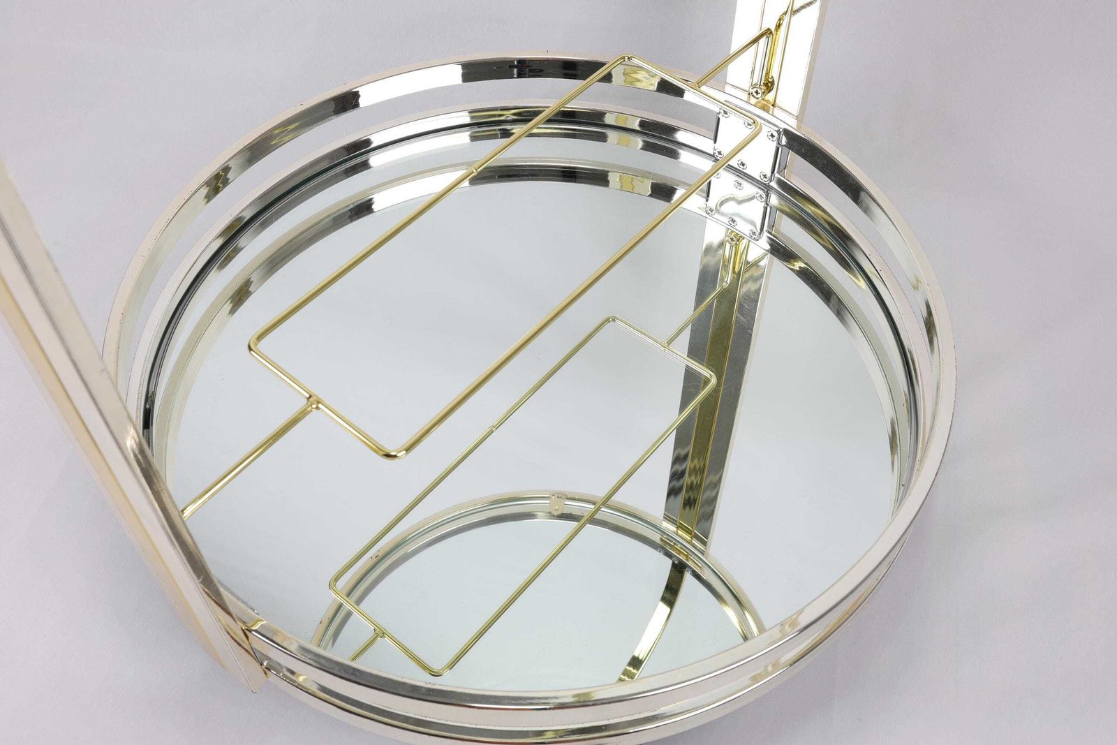 Vintage Mirrored Bar Cart | Art Deco Rolling Serving Cart | Brass And Glass Round Trolley | Mid Century Modern Beverage Cart With Wine Rack photo furniture