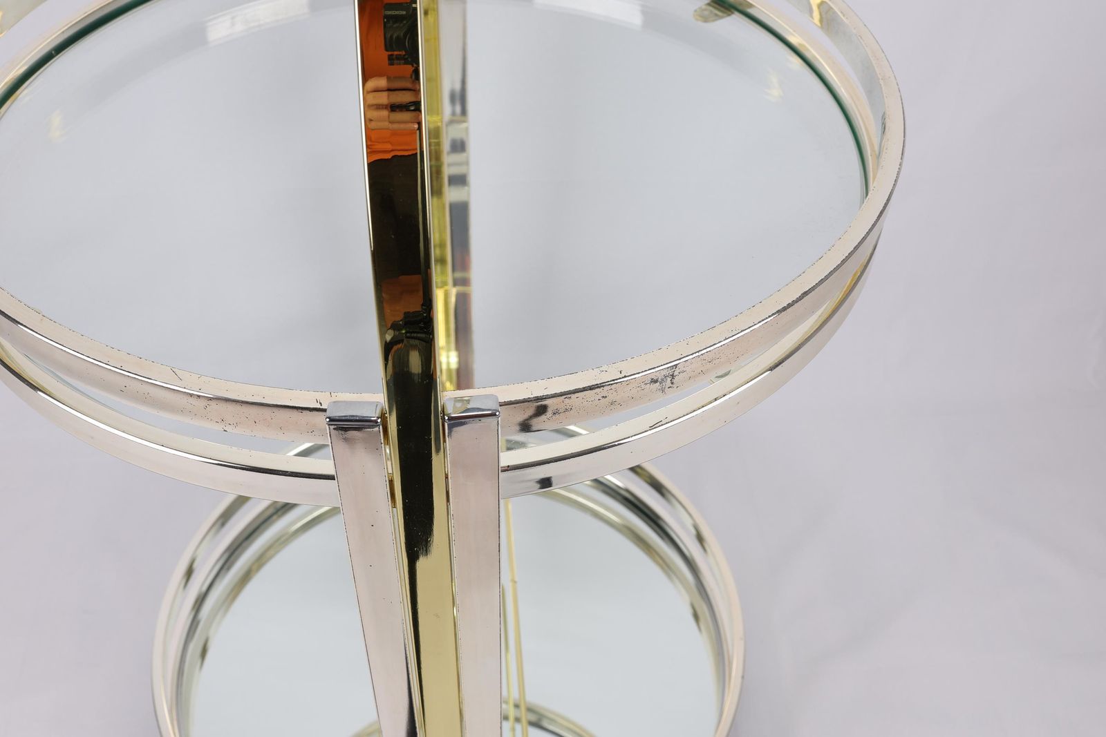 Vintage Mirrored Bar Cart | Art Deco Rolling Serving Cart | Brass And Glass Round Trolley | Mid Century Modern Beverage Cart With Wine Rack photo vintage
