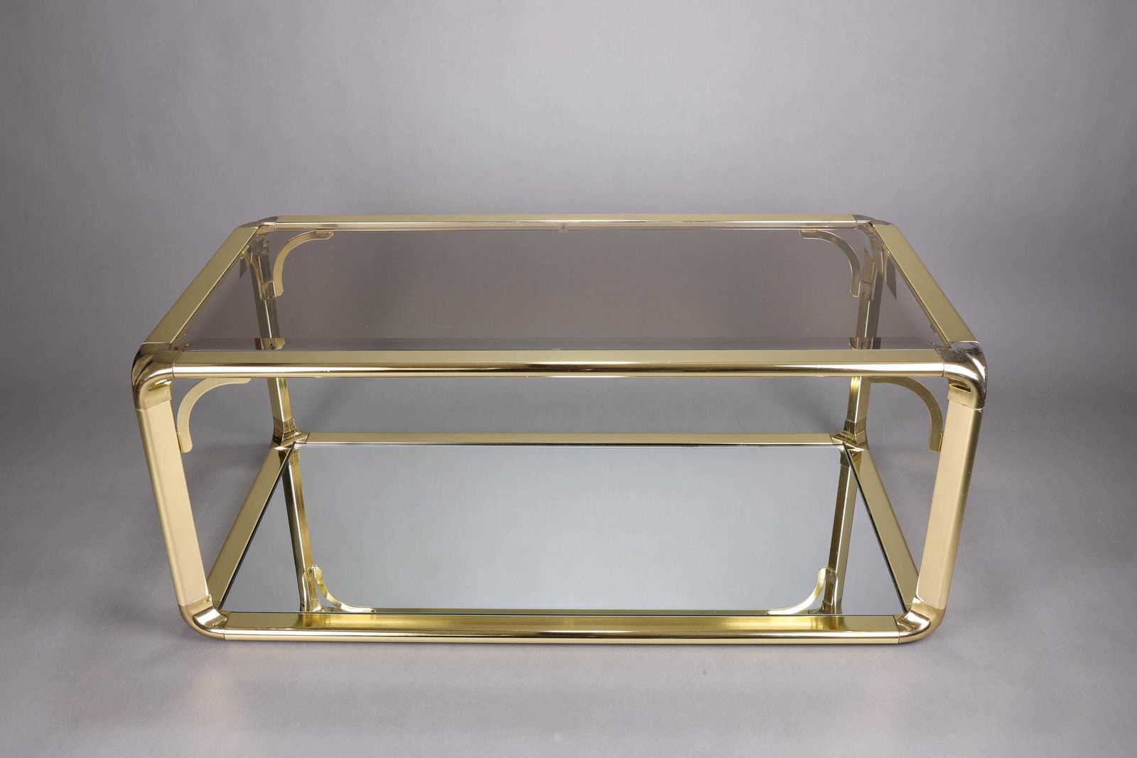 1970s Hollywood Regency Smoked Glass Coffee Table | Gold Accents Table | Glam Mid Century Modern Furniture photo furniture