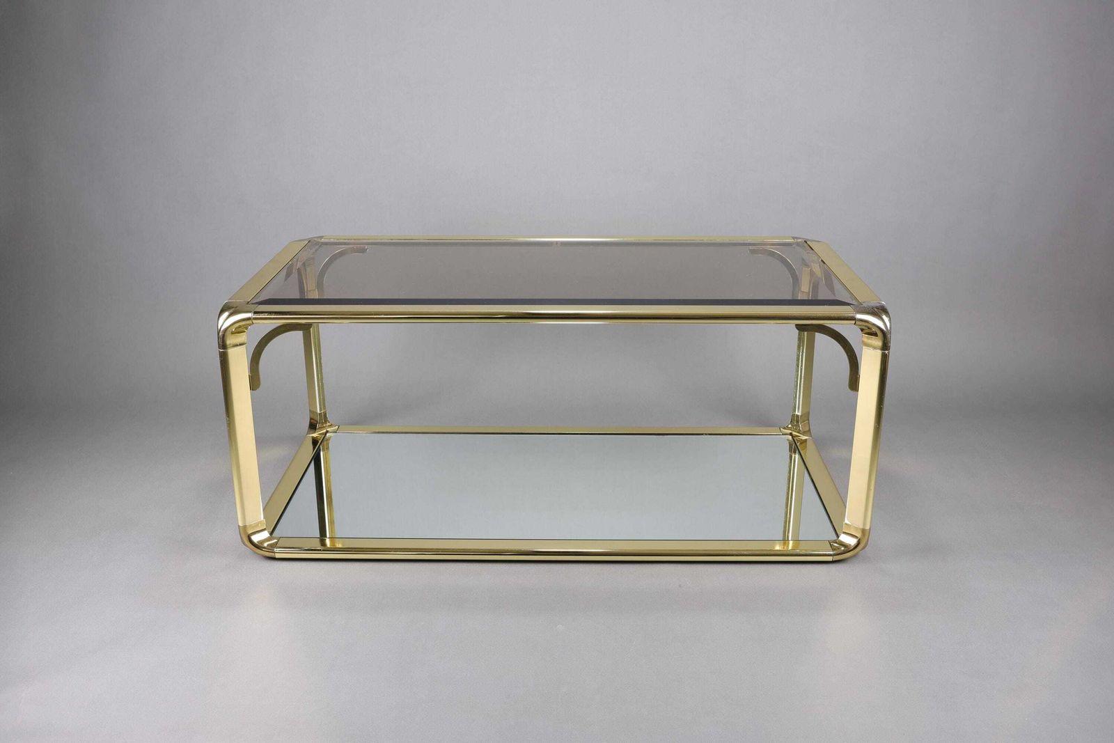 1970s Hollywood Regency Smoked Glass Coffee Table | Gold Accents Table | Glam Mid Century Modern Furniture photo buy