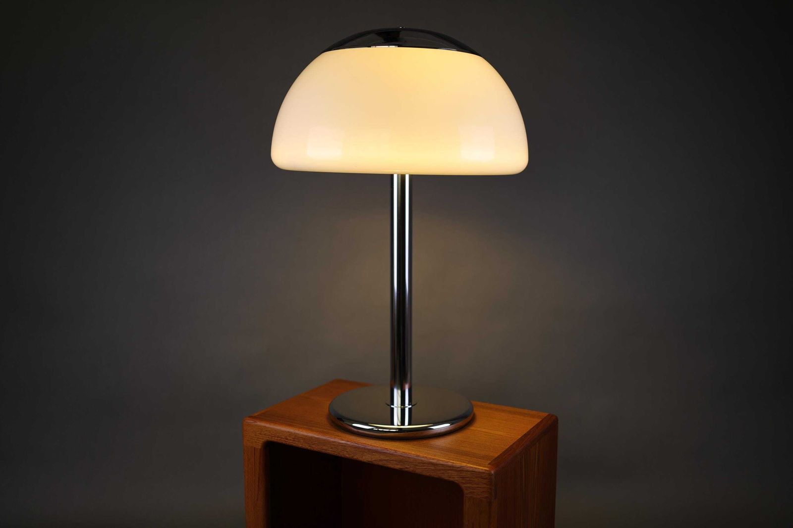 1990s German Large Table Lamp | Chrome And White Plastic Shade | Retro Lighting For Office Or Living Room photo for sale