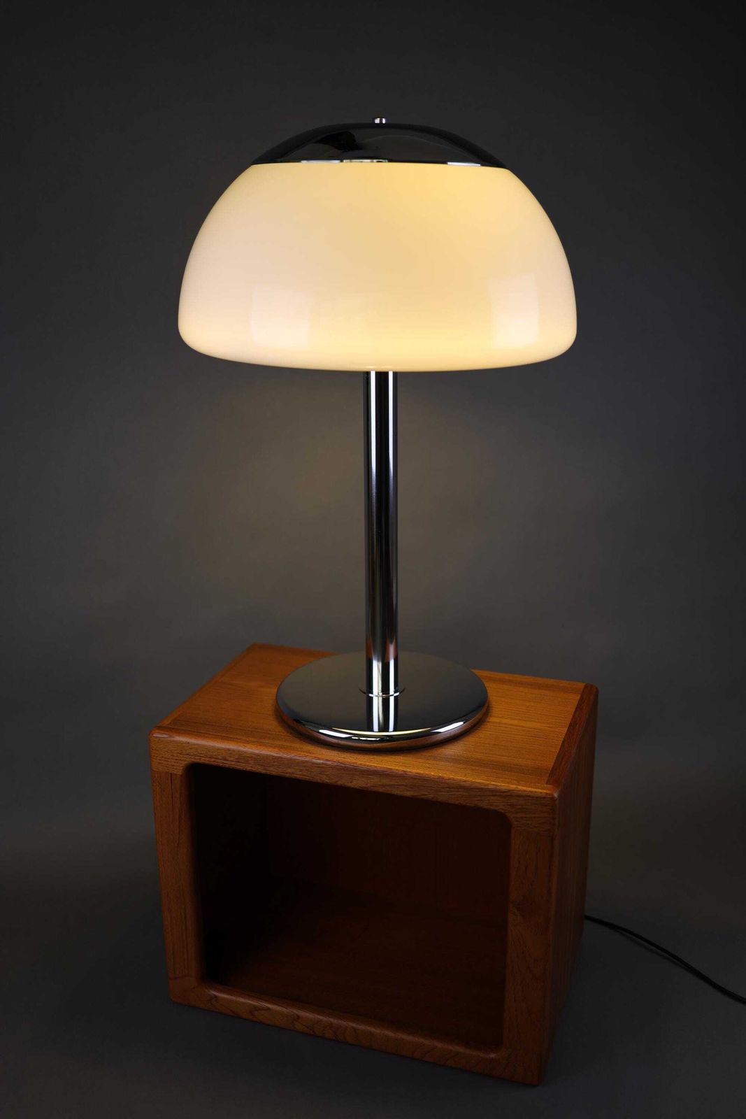 photo furniture 1990s German Large Table Lamp | Chrome And White Plastic Shade | Retro Lighting For Office Or Living Room