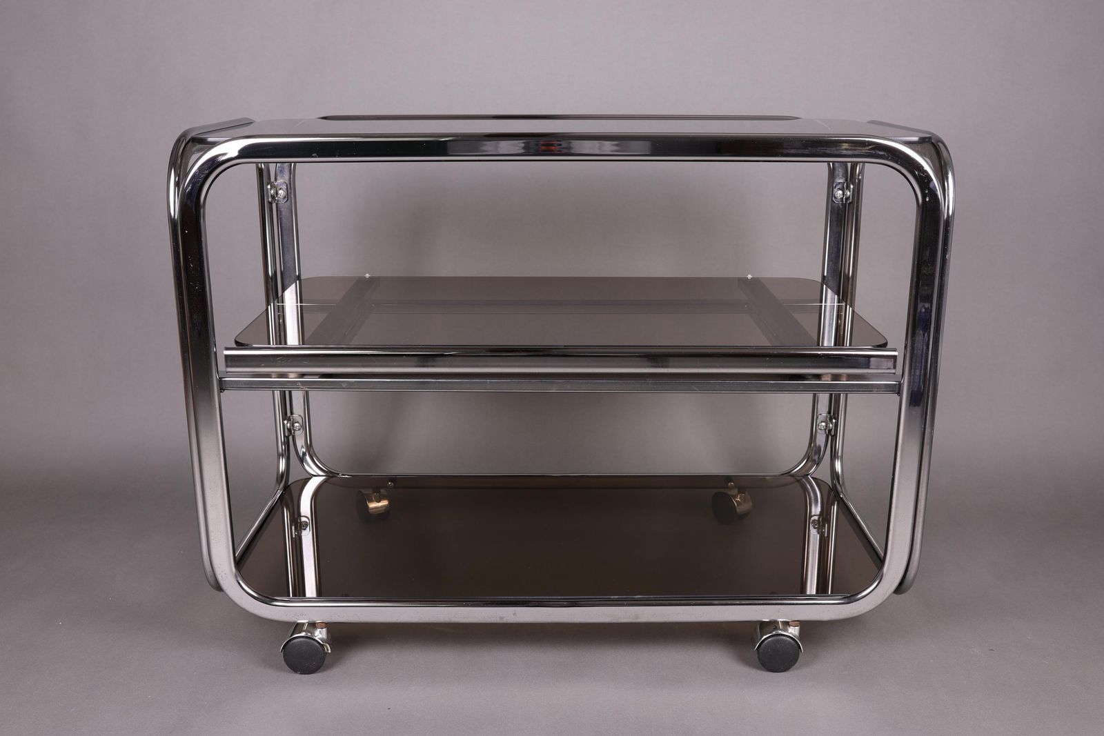 1970s Smoked Glass Side Table | Chrome Rolling Console | Vintage Mid Century Modern Trolley | Vintage Glam Accent Table For Living Room photo 1233.0