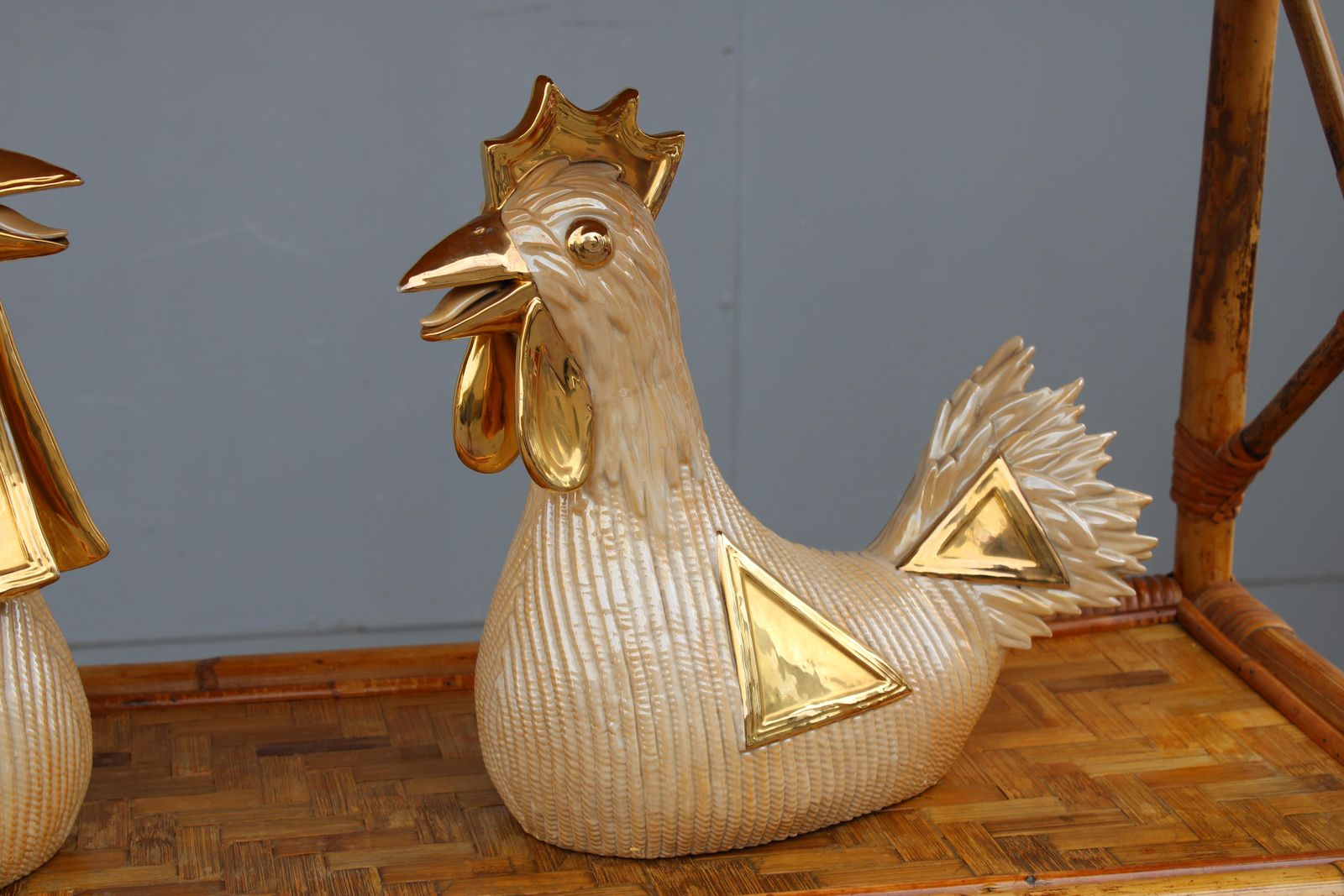 Large Sculptures Of Hen And Rooster Italy 1970 In 24 Kt Gold photo for sale