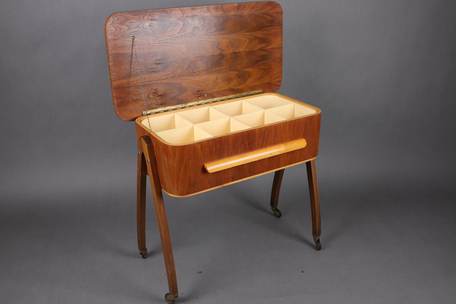 Mid Century Modern Sewing Box | Vintage Wooden Storage Cabinet With Folding Compartments | Retro Sewing Supplies Storage Solution photo furniture