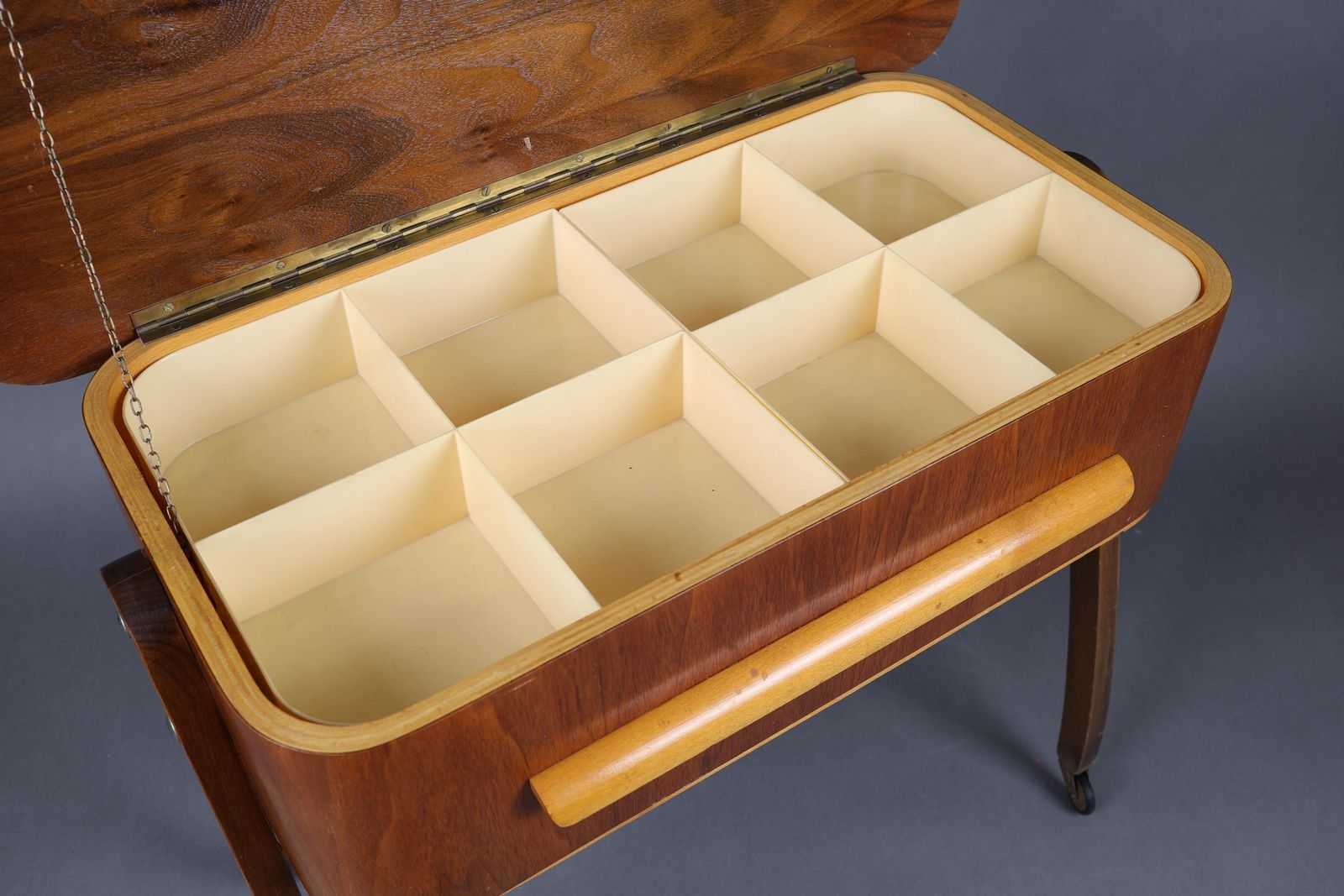 Mid Century Modern Sewing Box | Vintage Wooden Storage Cabinet With Folding Compartments | Retro Sewing Supplies Storage Solution photo for sale