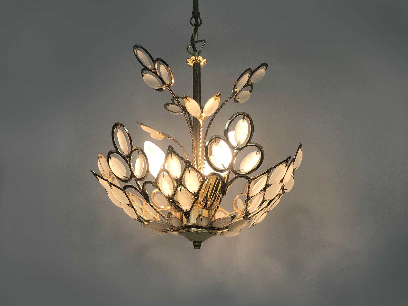 Antique 3 Light Floral Pendant Light In Gilded Metal With Glass Pendants. 1980s photo furniture