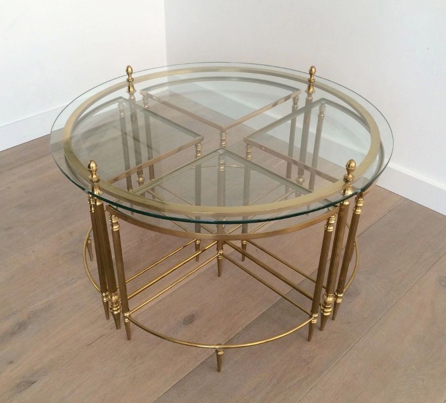 Neoclassical Round Brass Coffee Table With 4 Nesting Tables By Maison Bagués. Circa 1940 photo for sale