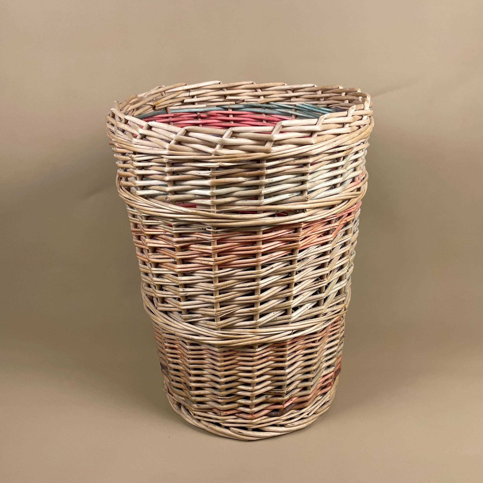 Vintage Round Basket Woven Wicker Brown Antique Cylinder Storage Farmhouse Cottage Decor Laundry Cane Wood Logs Fireplace Pale Striped photo vinterior