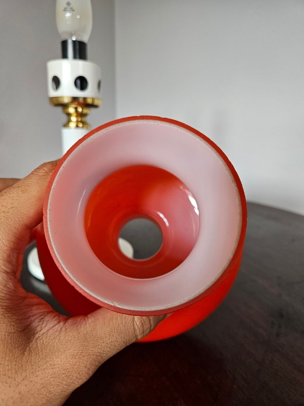 Vintage Mid Century Modern Lamp Orange Glass Shade Home Decor Table Lighting Retro Bedroom Living Room Accent Desk Antique Style photo vintage