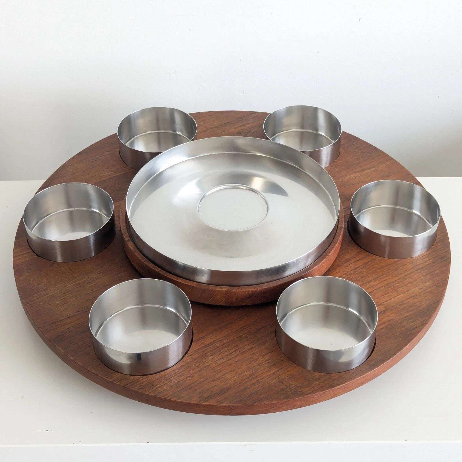 Vintage Stelton Peter Holmblad Lazy Susan Bowl Set In Stainless Steel And Teak
