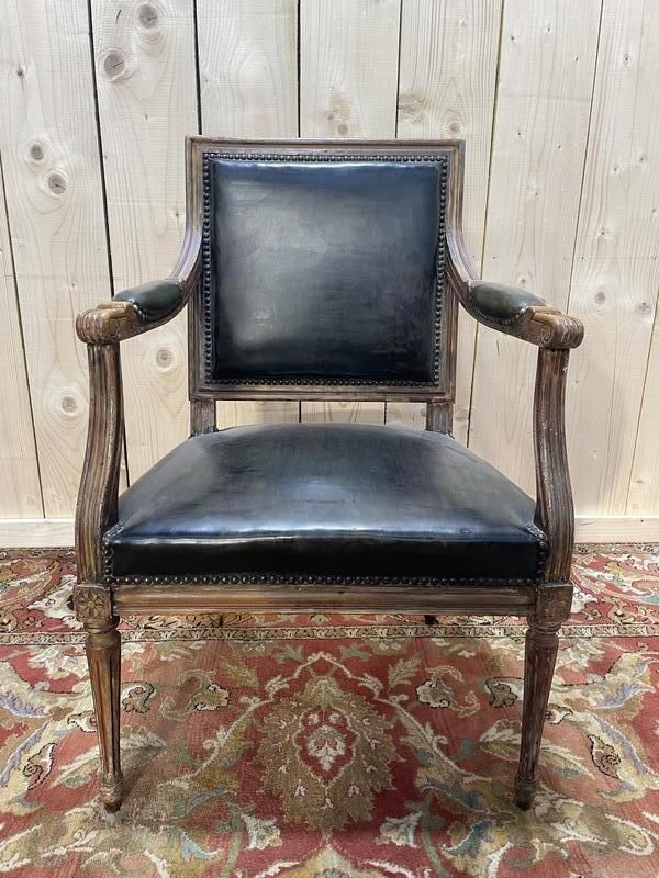 Fauteuil De Bureau De Style Louis XVI En Cuir Noir Et Doré
