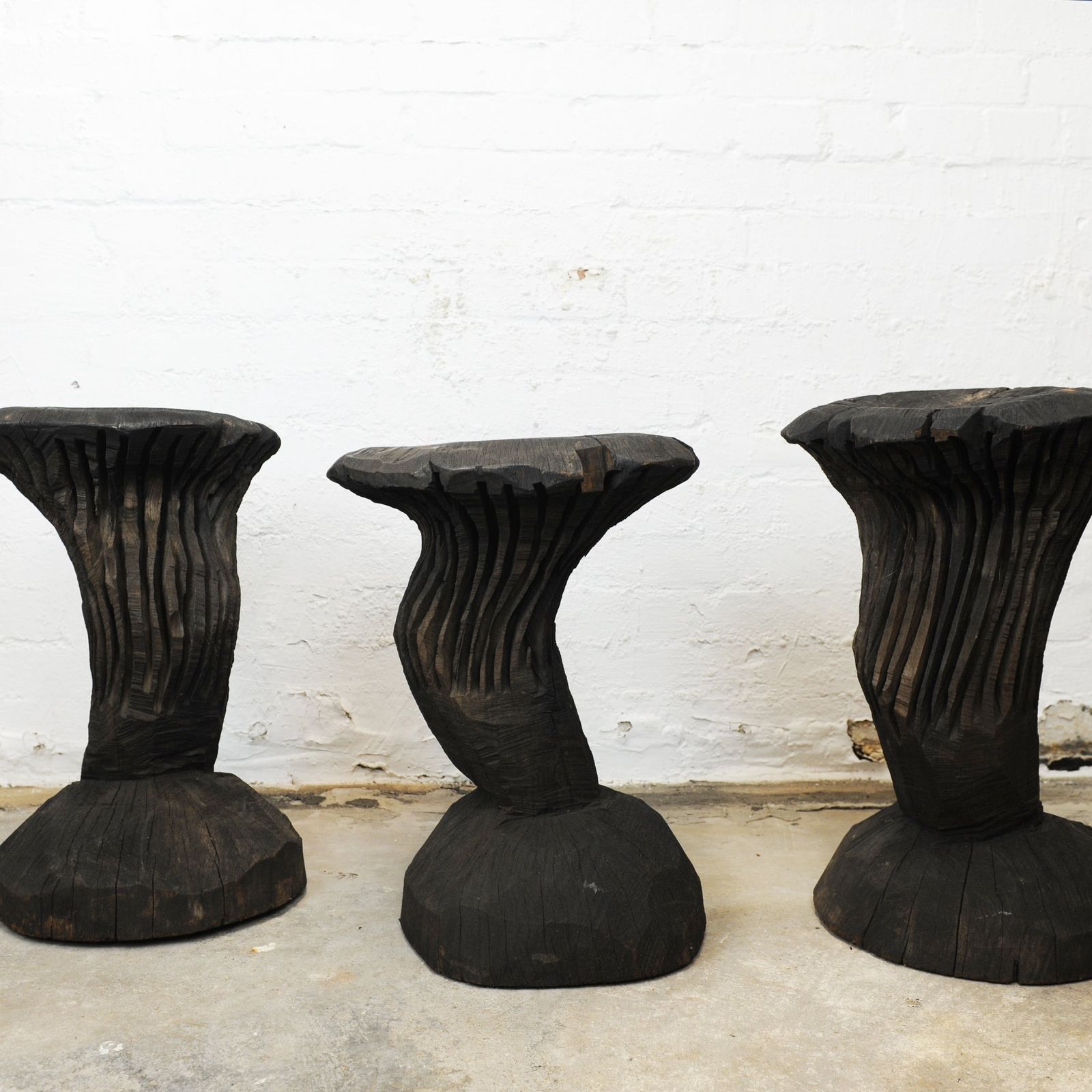 Solid Burnt Wood, Sculptural Side Tables, Set Of 3, 1980s photo for sale