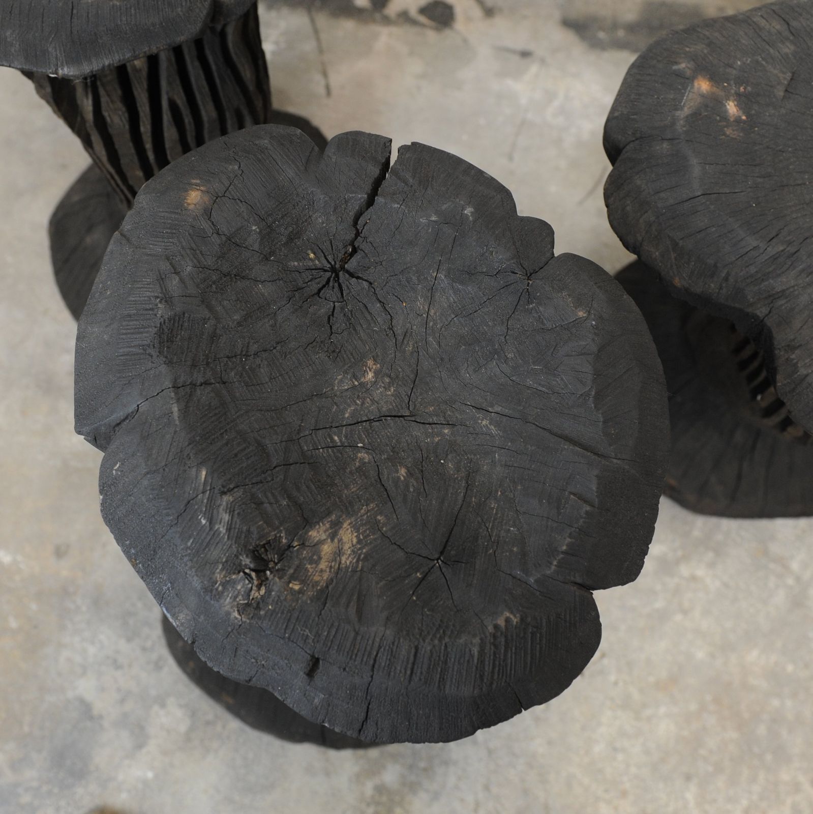 Solid Burnt Wood, Sculptural Side Tables, Set Of 3, 1980s photo 725.0