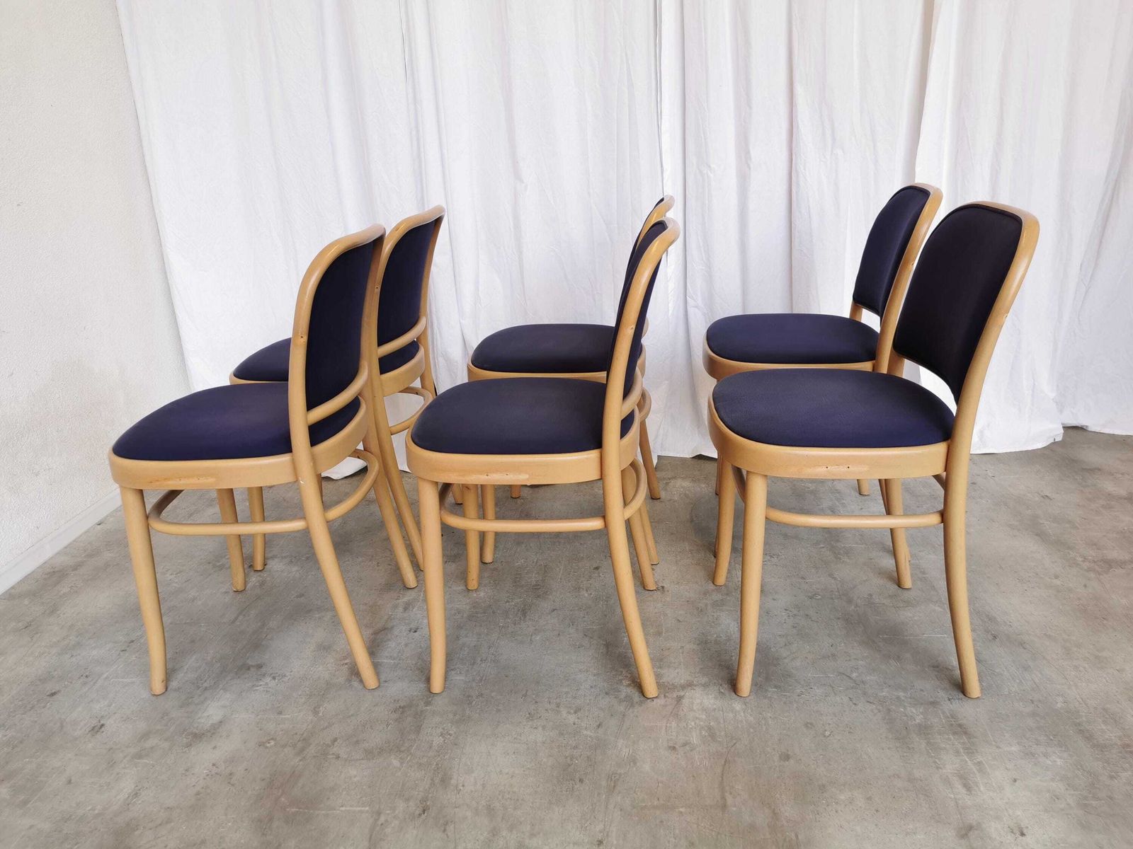 Set Of 6 Vintage Dining Chairs / Design Joseph Hoffmann For Thonet / 1970s Italy / Seat And Back In Royal Blue Fabric / Wooden Bentwood Base photo furniture