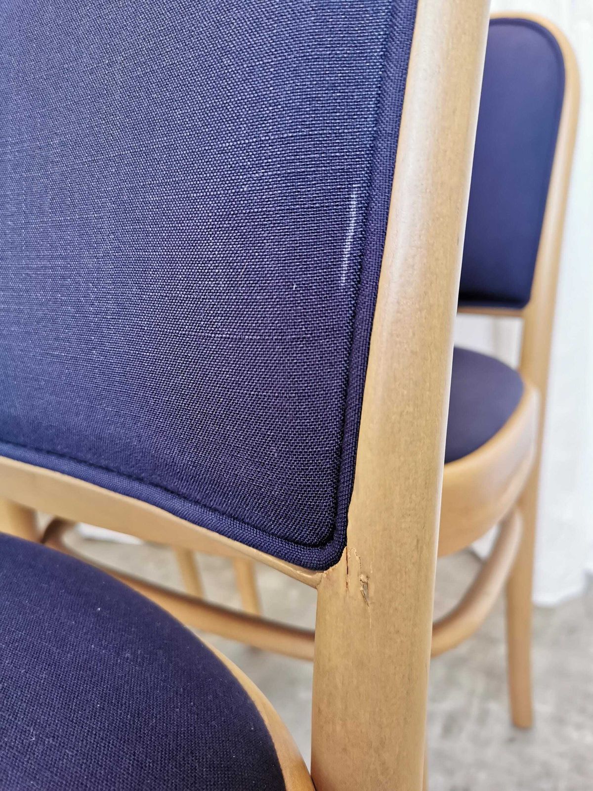 photo for sale Set Of 6 Vintage Dining Chairs / Design Joseph Hoffmann For Thonet / 1970s Italy / Seat And Back In Royal Blue Fabric / Wooden Bentwood Base