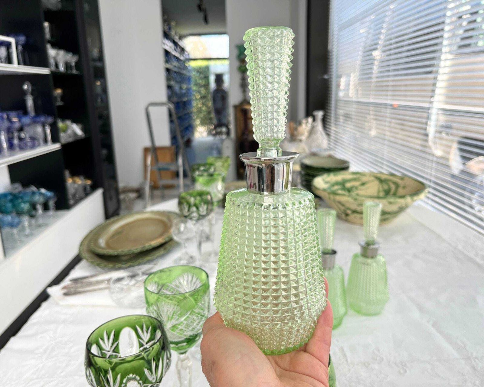 Green Liqueur Decanter | 4pcs | Reseda Perfume Bottles | France Ca 1960s photo furniture