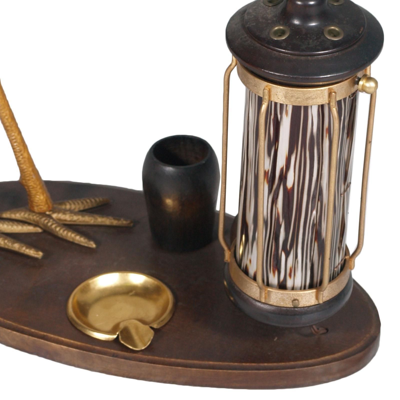 1940s Art Deco Heron Table Lamp, Ashtray, Cigarette Service, Hand Carved Wood photo vinterior