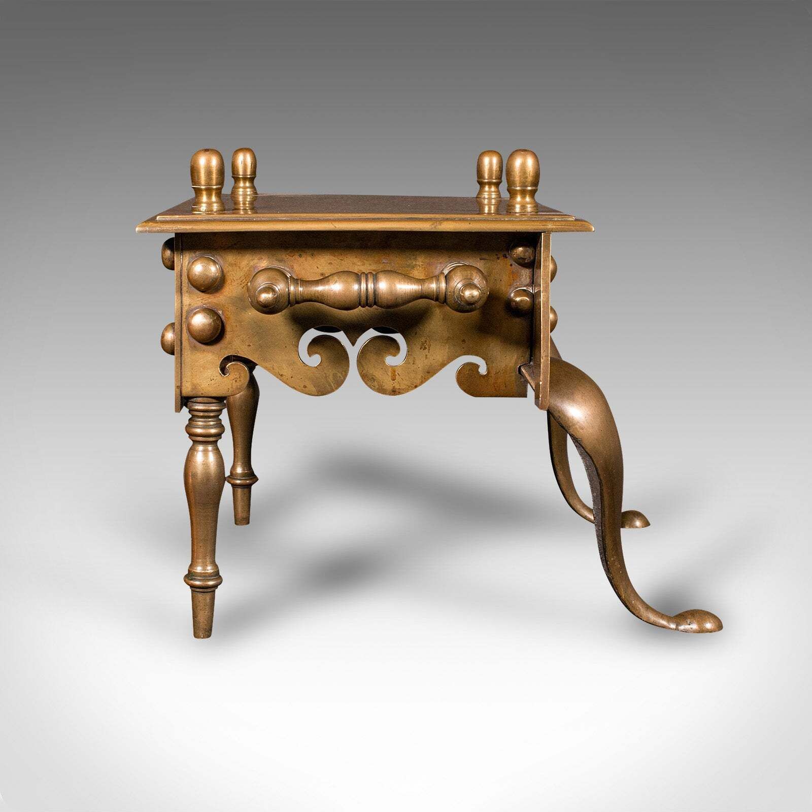 Heavy Antique Footman, English Brass, Inglenook Fireplace Warmer, Steps, Regency photo for sale