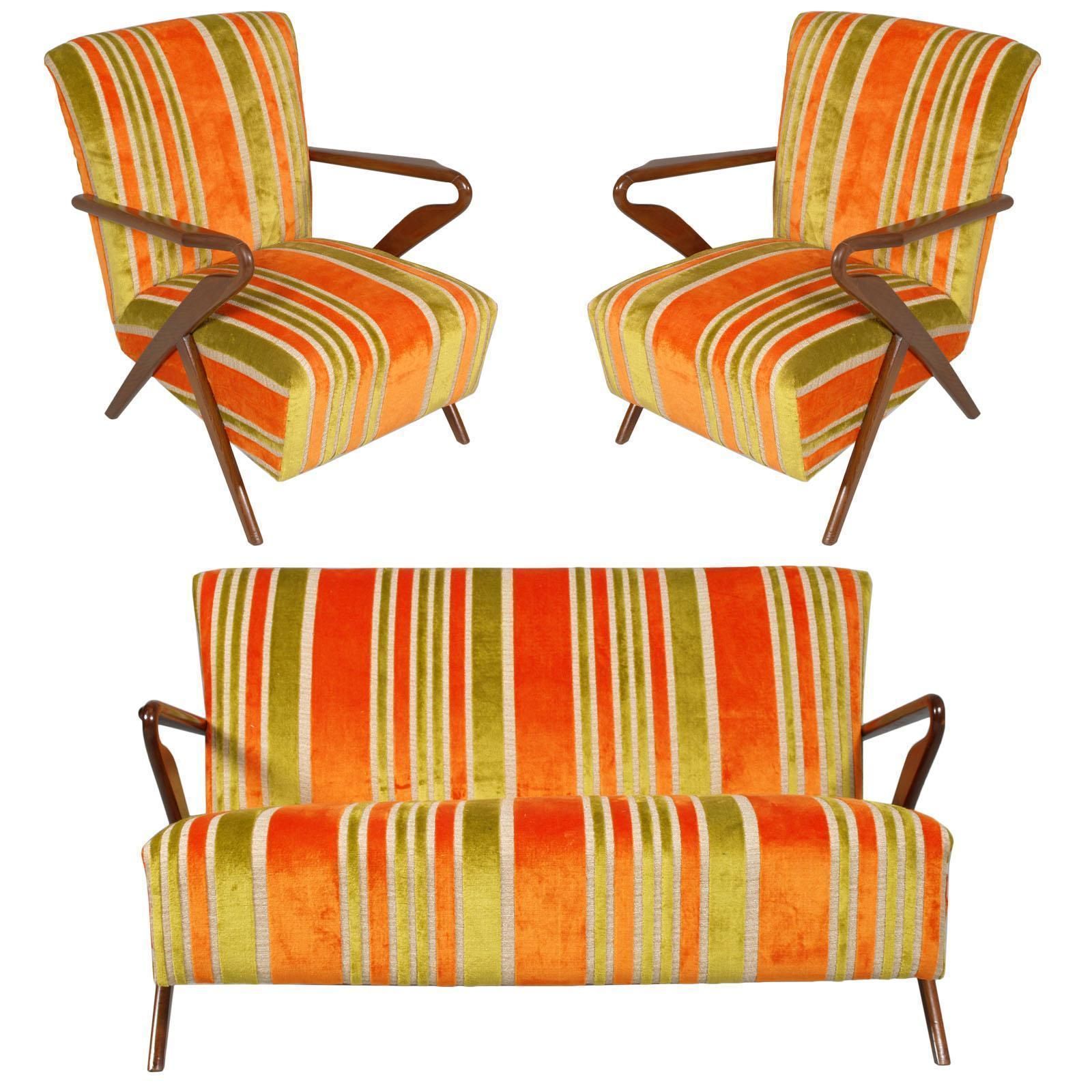 Midcentury Carlo De Carli Designer Attributed Restored Set Of Armchairs And Sofà