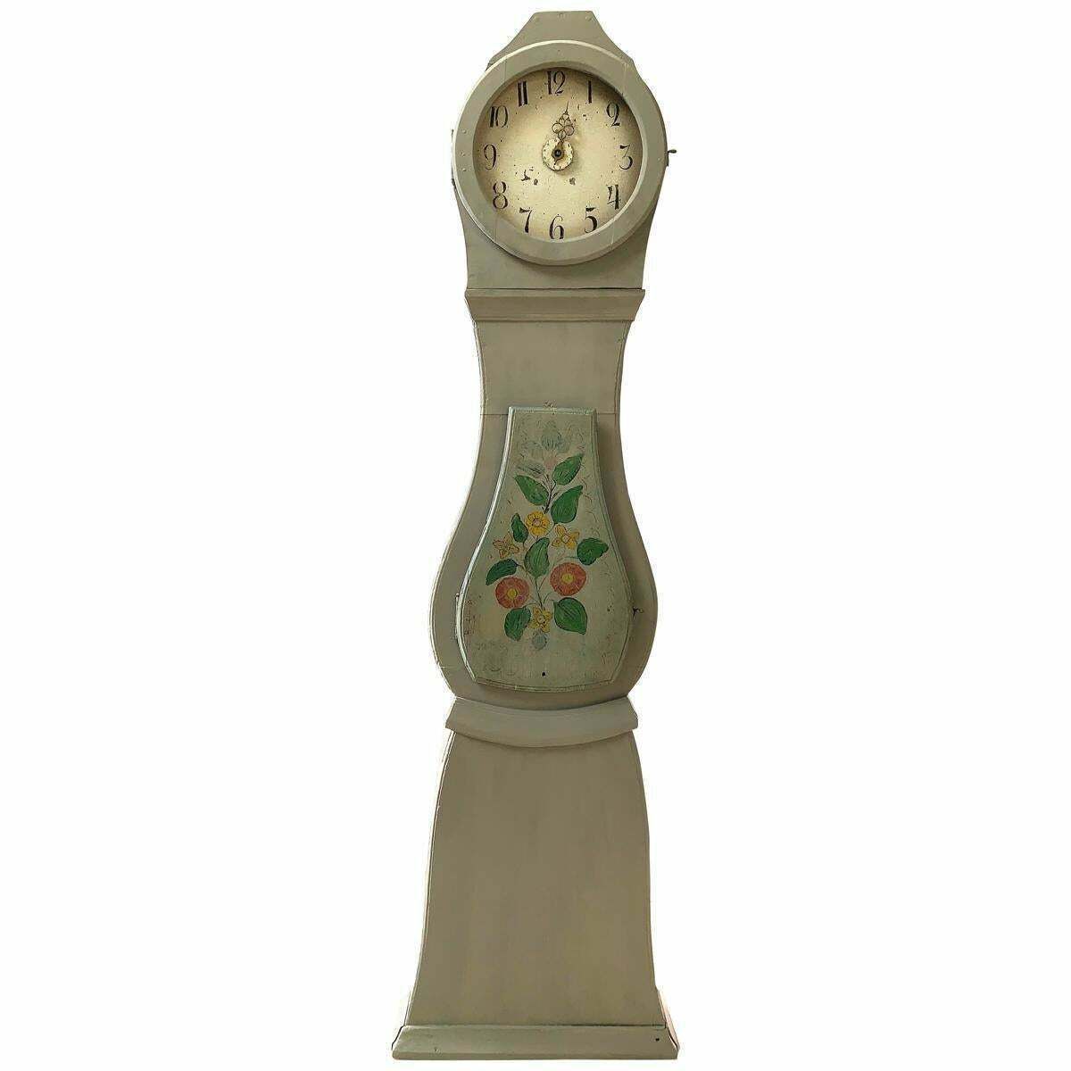 Swedish Mora Clock Antique Grey Folk Art Carved Hood Detail, Early 1800