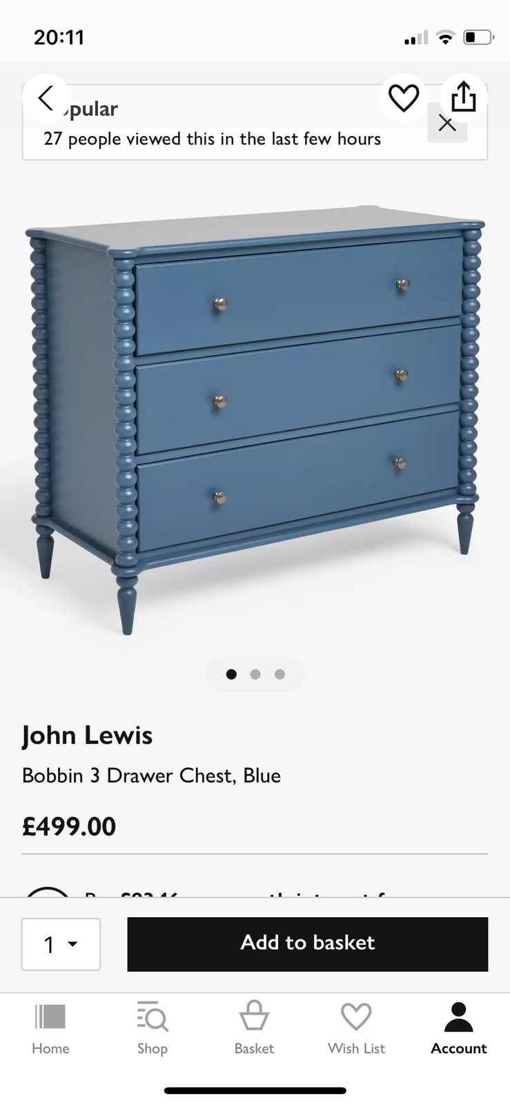 John Lewis Bobbin Chest Of Drawers Blue photo buy