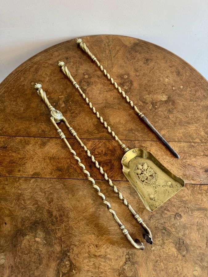 Quality Antique Set Of Brass Fire Irons