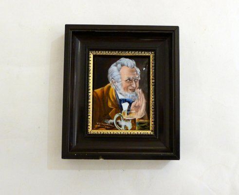 Small Male Portrait Painting, In Limoges Enamel Painted On Copper By Carmona, Mid 20th Century