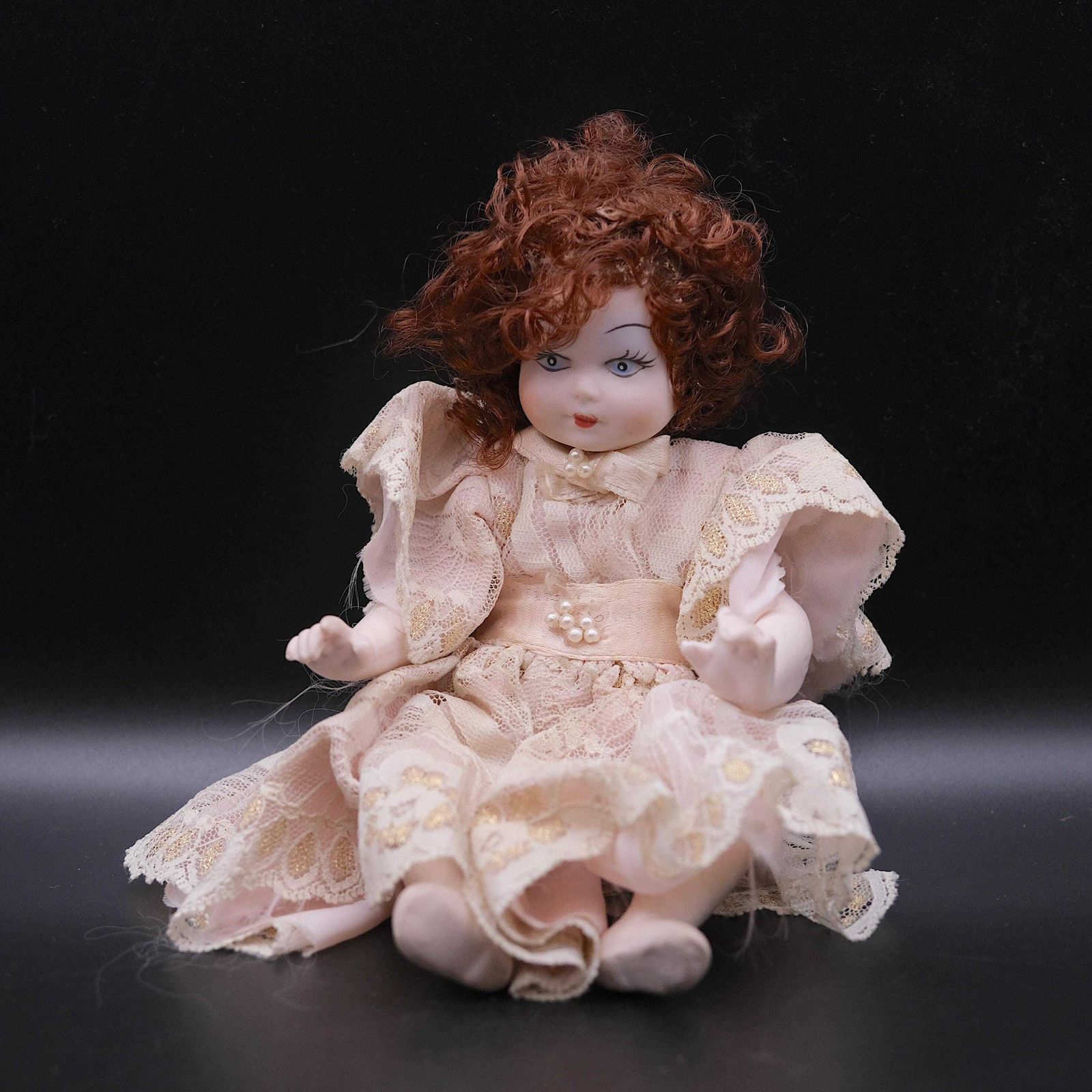 photo for sale Vintage Porcelain Collectible Doll | Red Curly Hair | Gold Lace Dress & Pearl Detail | 1980s Style | Doll Collector Gift | Ceramic Figurine