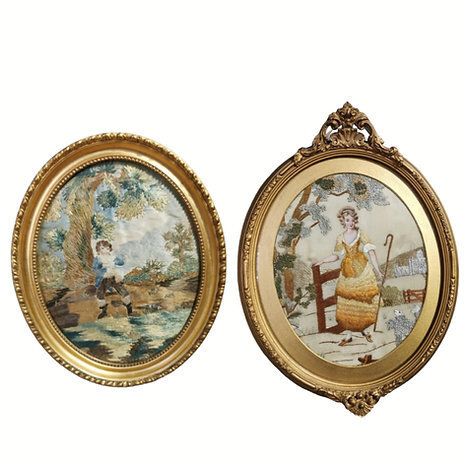A Pair Of Silk And Wool Nursery Rhyme Pictures Little Bo Peep & Little Boy Blue