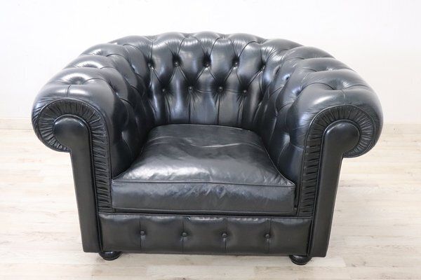 Set Of Sofa And Armchair In Black Leather, 1980s photo 6915.0