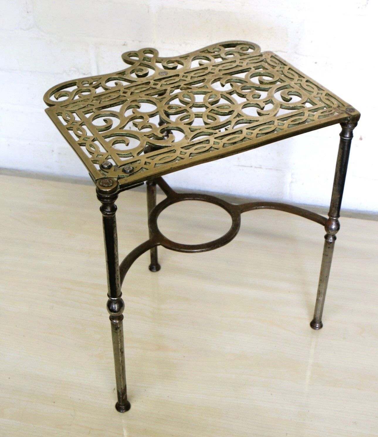Antique Brass Footman Trivet Mid 19th Century Decorative Wrought Iron Base photo for sale