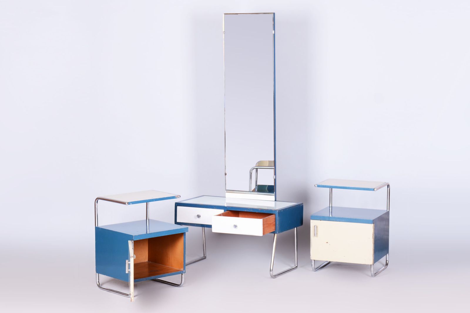 Pair Of Restored Bauhaus Bedside Tables, Chrome, Lacquered Wood, Czech, 1930s photo vinterior