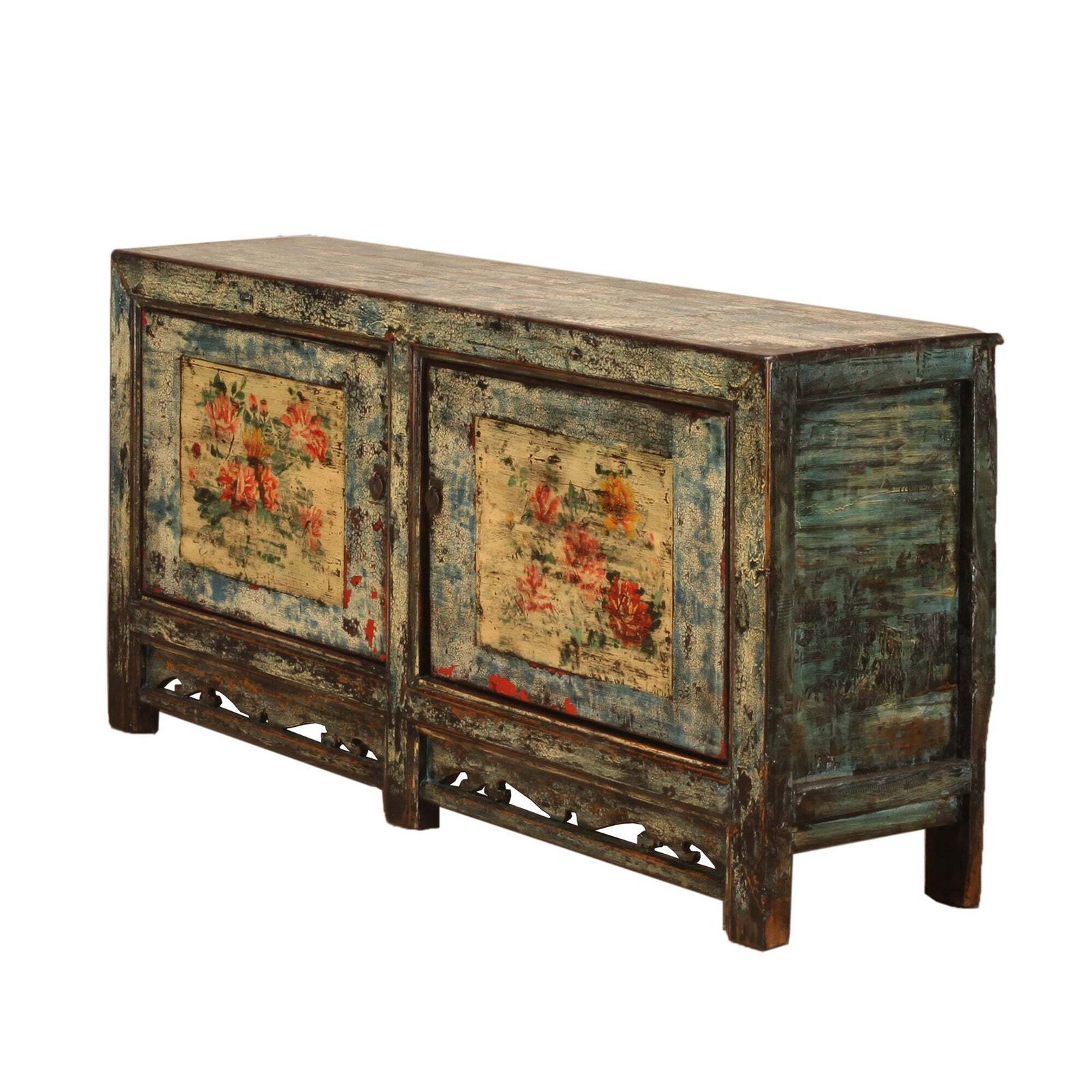 Vintage Chinese Crackle Blue Sideboard With Floral Painting 05 photo furniture