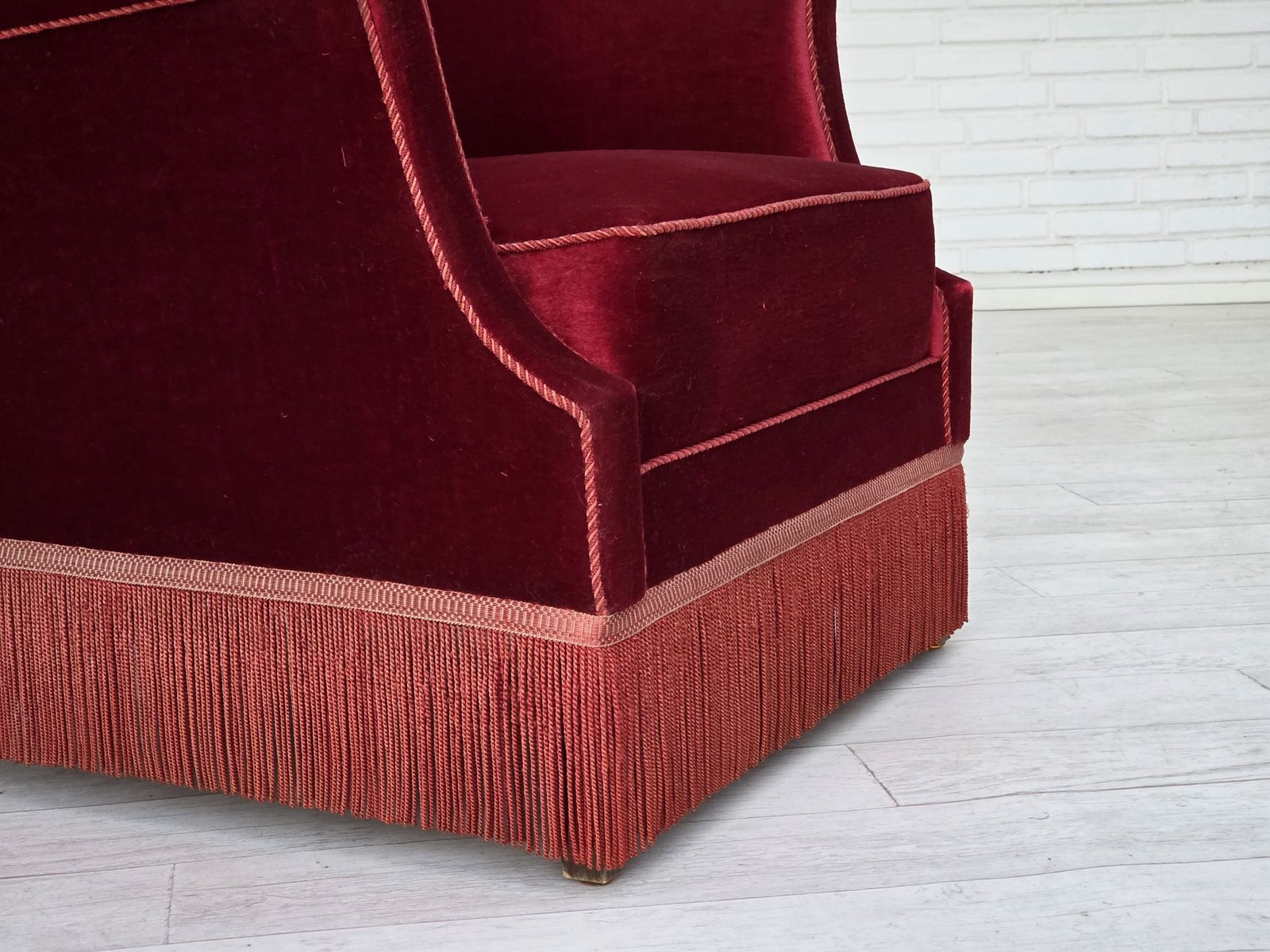 1960s, Danish Armchair, Cherry Red Furniture Velour, Ash Wood, Original. photo Furniture