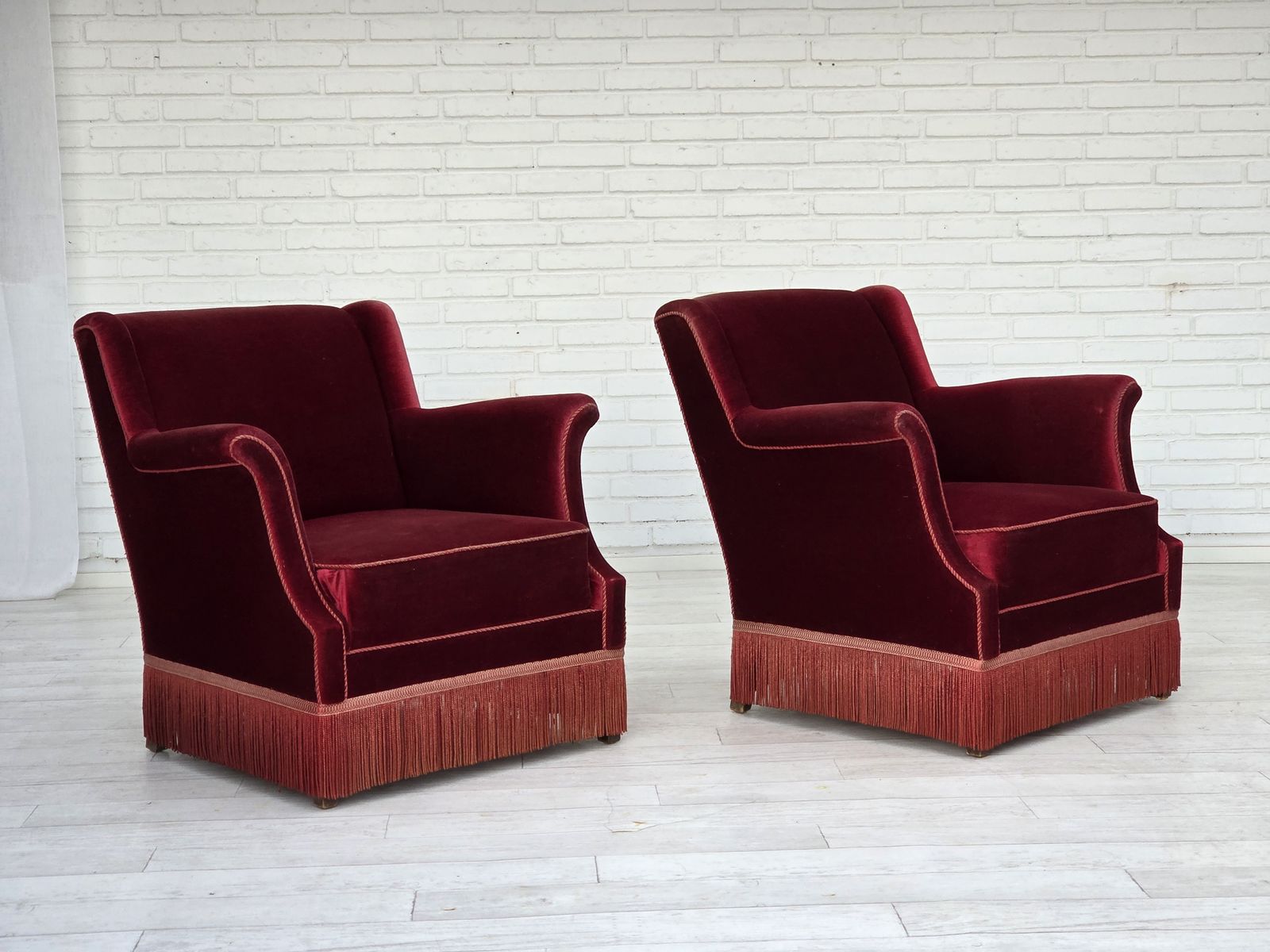 1960s, Danish Armchair, Cherry Red Furniture Velour, Ash Wood, Original. photo buy