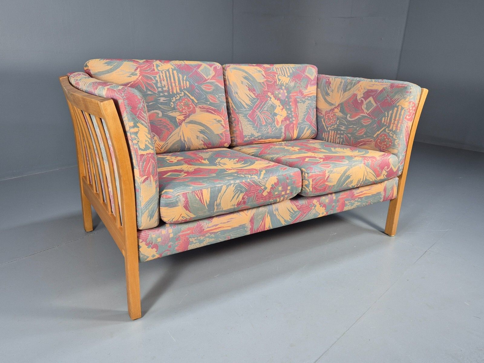 Vintage Danish 2 Seat Sofa Floral Cotton Print Stouby Beech Ends Eb9097 M2ss