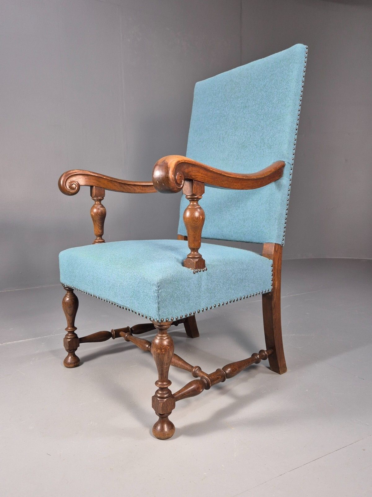 Vintage Danish Armchair Blue Carved Oak 17th Century Antique Style Eb8992 Vcar photo furniture