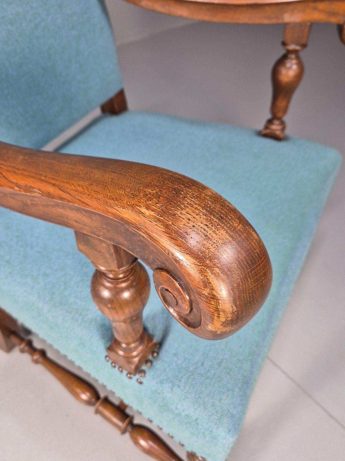 photo for sale Vintage Danish Armchair Blue Carved Oak 17th Century Antique Style Eb8992 Vcar