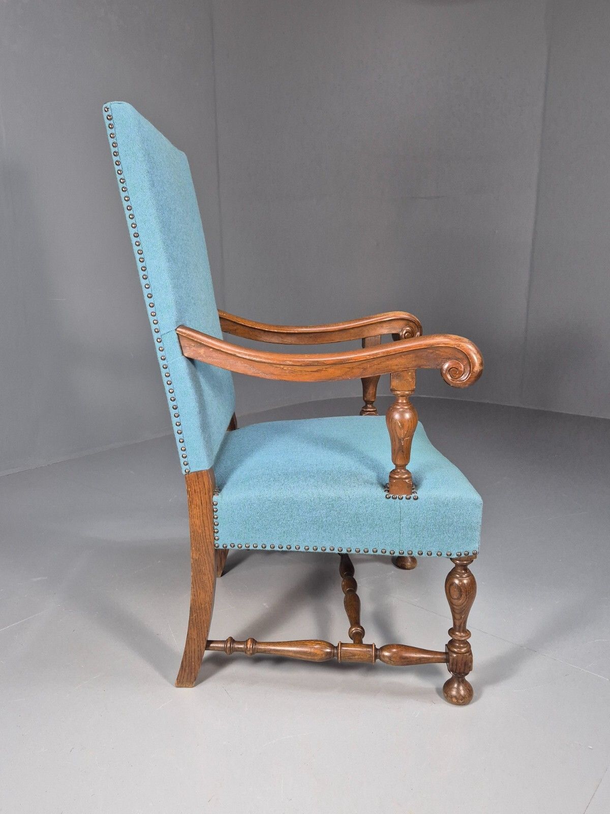Furniture Vintage Danish Armchair Blue Carved Oak 17th Century Antique Style Eb8992 Vcar photo