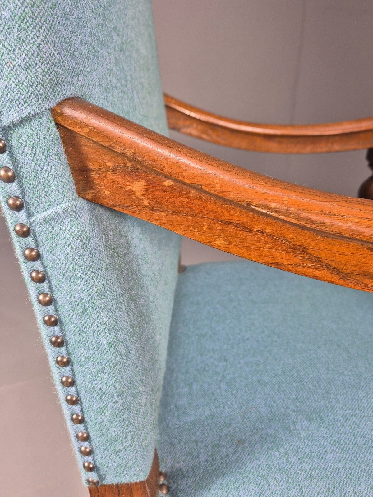 270.0 Vintage Danish Armchair Blue Carved Oak 17th Century Antique Style Eb8992 Vcar photo