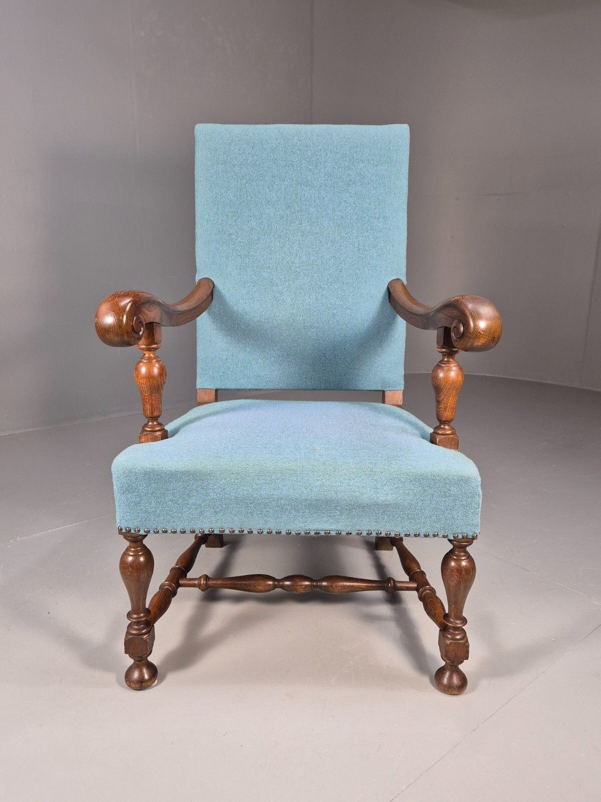 Vintage Danish Armchair Blue Carved Oak 17th Century Antique Style Eb8986 Vcar photo furniture