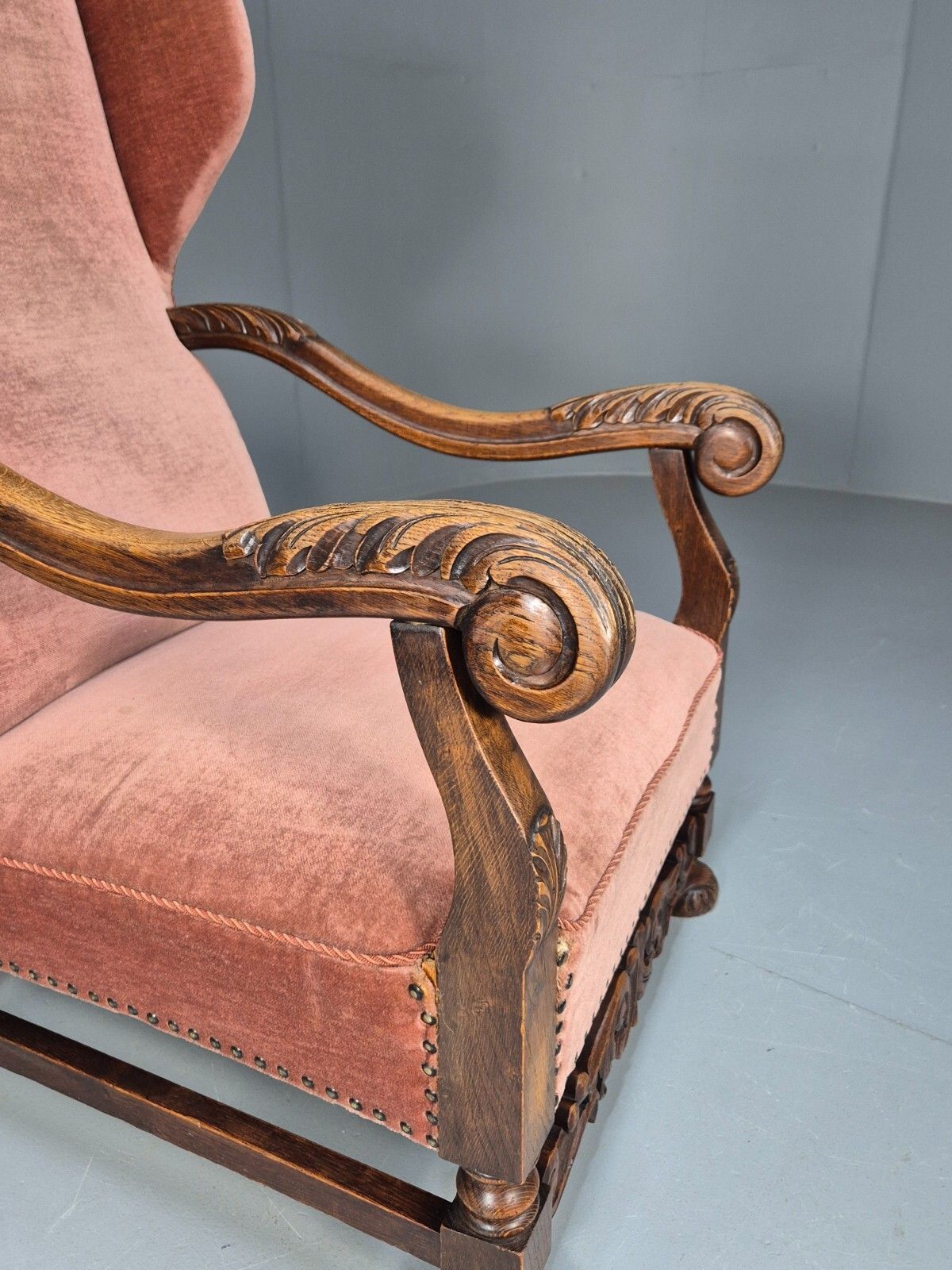 photo for sale Vintage Danish Lounge Chair Pink Peach Velour Oak 17th Century Style Eb8970 Vclo