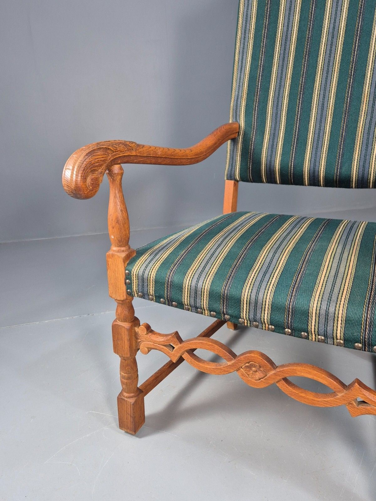 A Vintage Danish Baroque Style Armchair Green Wool Stripe Oak Frame Eb9002 Vclo photo 175.0