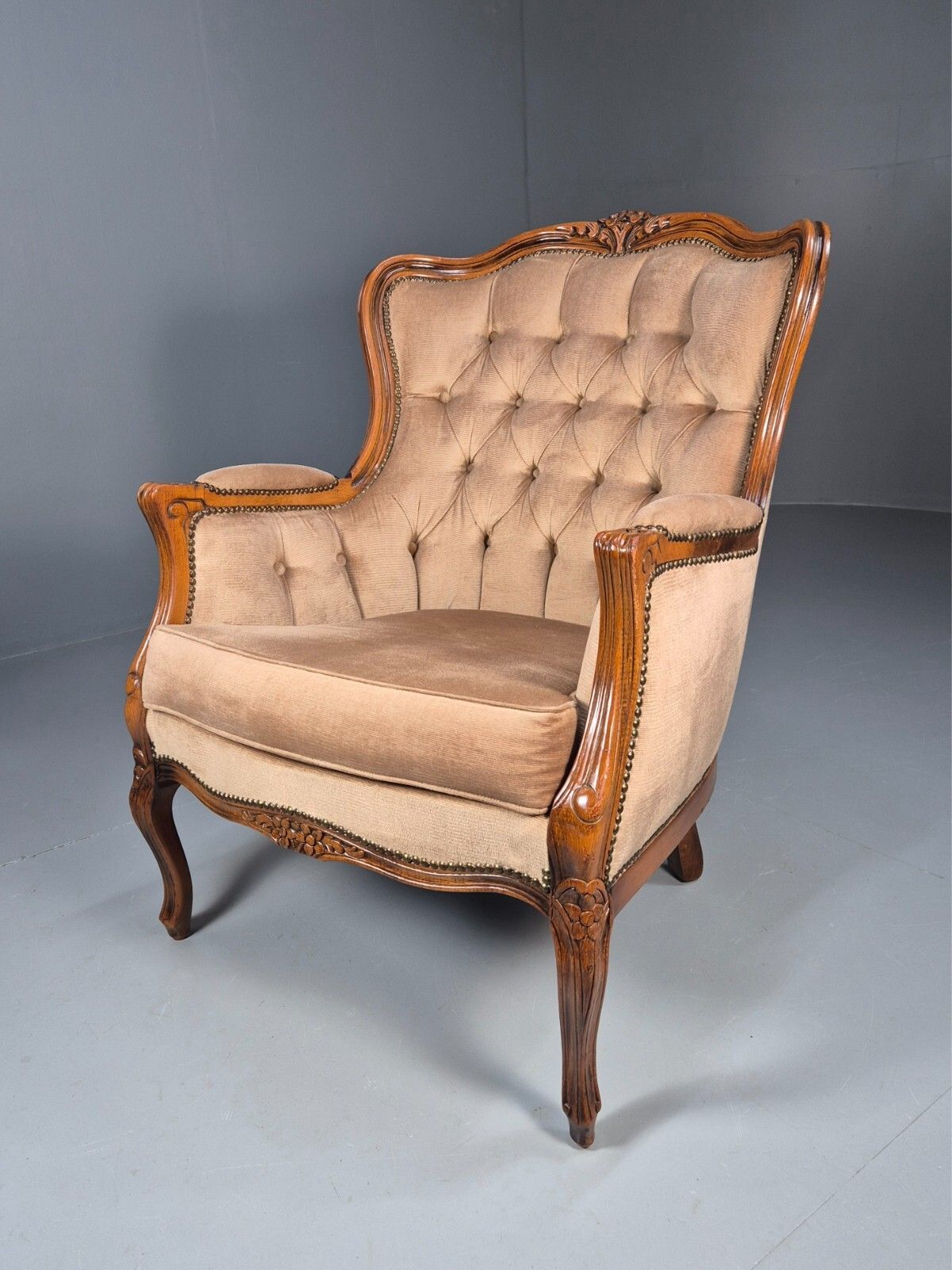 Vintage Danish Lounge Chair Beige Velour Beech Antique French Style Eb8930 Vclo