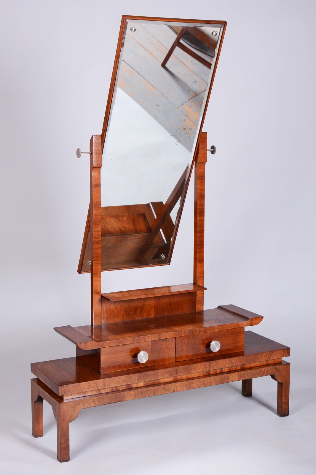 Restored Art Deco Dressing Mirror, Walnut, Nickel, Glass, Czech, 1920s