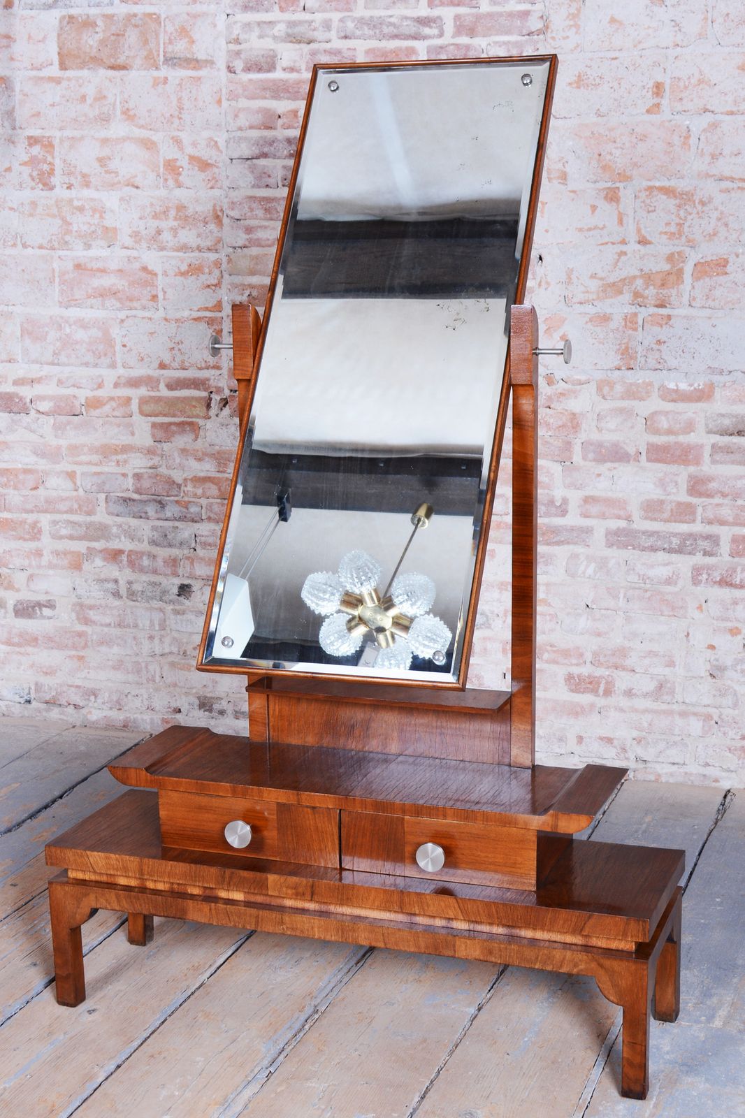 Restored Art Deco Dressing Mirror, Walnut, Nickel, Glass, Czech, 1920s photo vintage